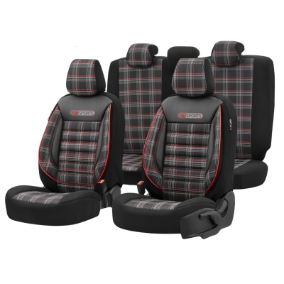 Σετ Καλύμματα Αυτοκινήτου Otom GTI Sports Design Universal Βαμβακερό Ύφασμα και Δερματίνη Εμπρός και Πίσω 11 Τεμαχίων Μαύρο - Κόκκινο