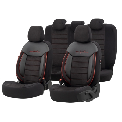 Σετ Καλύμματα Αυτοκινήτου Otom Comfortline Design Universal Ύφασμα Sued και Δερματίνη Εμπρός και Πίσω 11 Τεμαχίων Μαύρο με Κόκκινη Ρίγα