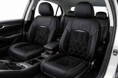 Σετ Καλύμματα Αυτοκινήτου Universal Αλκαντάρα / ECO Δέρμα Εμπρός και Πίσω Μαύρο με Λευκή Ρίγα