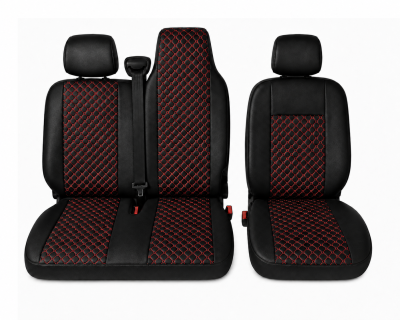 Σετ Καλύμματα Αυτοκινήτου για 2+1 RENAULT MASTER III 2010 - 2019 ECO Δέρμα Μαύρο με Κόκκινο Κέντημα