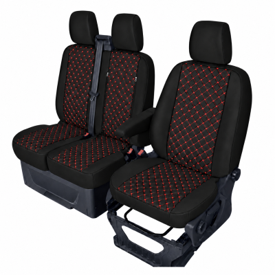 Σετ Καλύμματα Αυτοκινήτου για 2+1 FORD TRANSIT CUSTOM 2009+ ECO Δέρμα Μαύρο με Κόκκινο Κέντημα