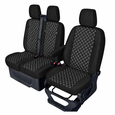 Σετ Καλύμματα Αυτοκινήτου για 2+1 FORD TRANSIT CUSTOM 2009+ ECO Δέρμα Μαύρο με Λευκό Κέντημα