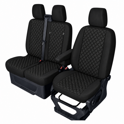 Σετ Καλύμματα Αυτοκινήτου για 2+1 FORD TRANSIT CUSTOM 2009+ ECO Δέρμα Μαύρο με Μαύρο Κέντημα