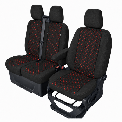 Σετ Καλύμματα Αυτοκινήτου για 2+1 FORD TRANSIT CUSTOM 2009+ Ύφασμα Μαύρο με Κόκκινο Κέντημα