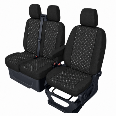 Σετ Καλύμματα Αυτοκινήτου για 2+1 FORD TRANSIT CUSTOM 2009+ Ύφασμα Μαύρο με Λευκό Κέντημα