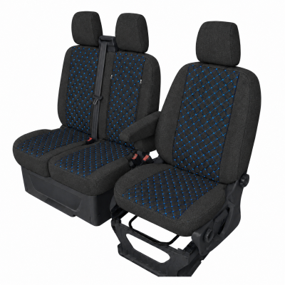 Σετ Καλύμματα Αυτοκινήτου για 2+1 FORD TRANSIT CUSTOM 2009+ Ύφασμα Μαύρο με Μπλέ Κέντημα